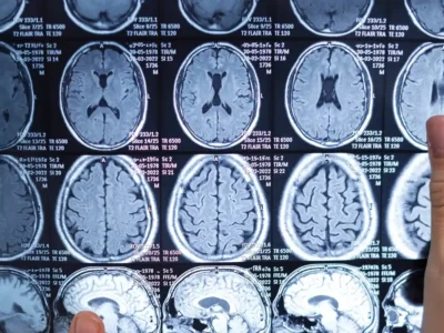 Ressonâncias magnéticas cerebrais em grade com cortes transversais e etiquetas de orientação; áreas claras ou escuras que mostram tecido.
