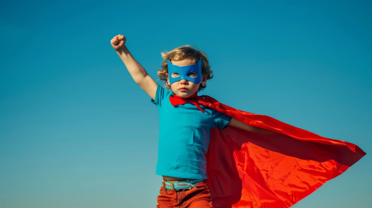 Criança vestida como super-herói: máscara azul, capa vermelha, camiseta azul e calças laranjas, em pose de triunfo sob céu azul.