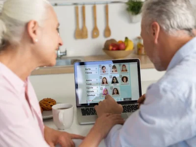 Casal de idosos diante de um notebook com NeuronUP2Go, realizando intervenção cognitiva, com xícara e pãozinho na mesa.
