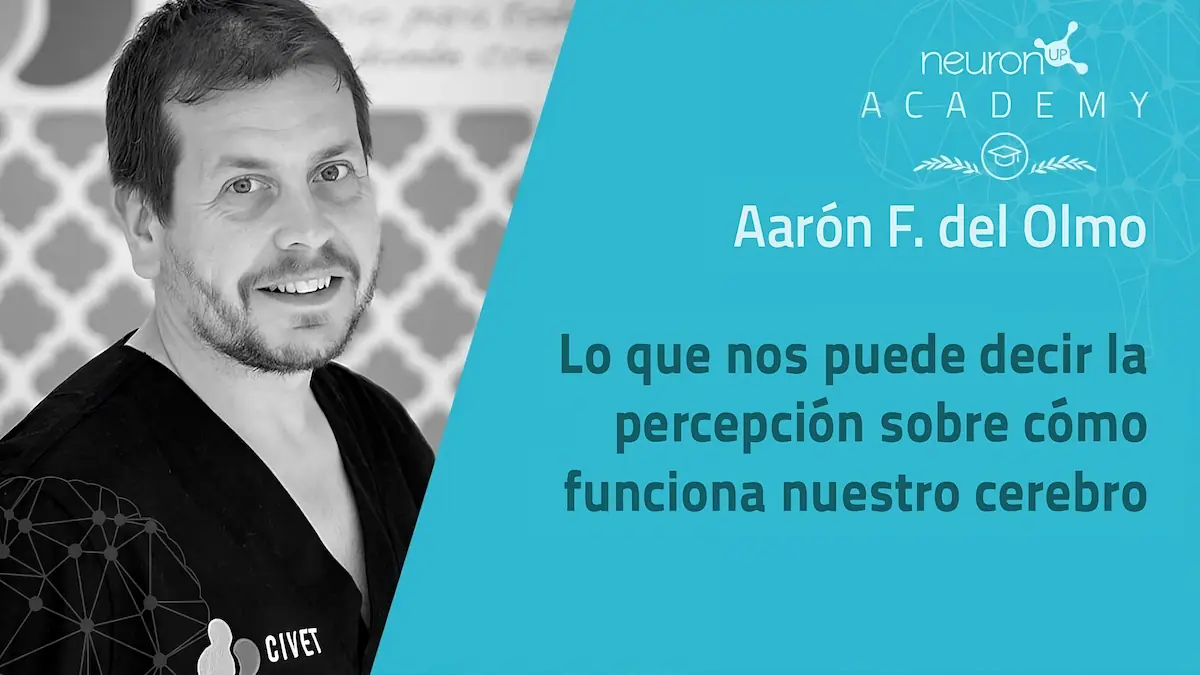 Fotografia à esquerda de profissional com jaleco preto em fundo azul; à direita, 'Aarón F. del Olmo' e citação sobre como funciona o cérebro.
