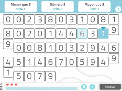 Grade com números em células e três etiquetas: Menor que 5, Número 5, Maior que 5; obser-va-se uma seleção de respostas e ícones de controle.