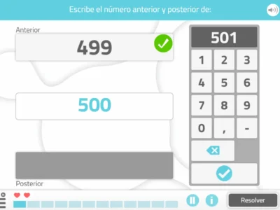 Interface de exercício Maior e menor: caixa para inserir anterior e seguinte; são mostrados 499, 500 e 501 no teclado numérico.