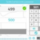 Interface de exercício Maior e menor: caixa para inserir anterior e seguinte; são mostrados 499, 500 e 501 no teclado numérico.
