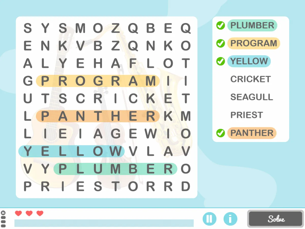 Sopa de letras educativa com palavras PROGRAM PANTHER YELLOW PLUMBER; caixas mostram se foram encontradas, fundo lúdico.