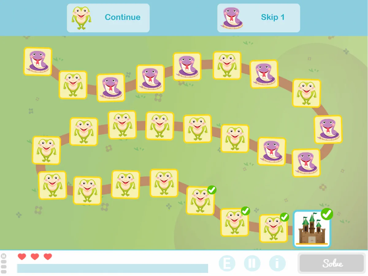 Tela de tabuleiro educativo com casas amarelas; sapos verdes e roxos, progresso marcado; topo com botões.