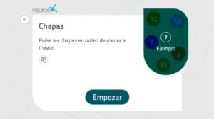 Interface do NeuronUP com o título 'Chapas', instrução (em espanhol) para clicar as chapas em ordem crescente, botão Empezar.