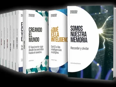 Coleção do El País sobre Neurociência e Psicologia, livros em fila com títulos como Criando o Mundo e Somos Nossa Memória.