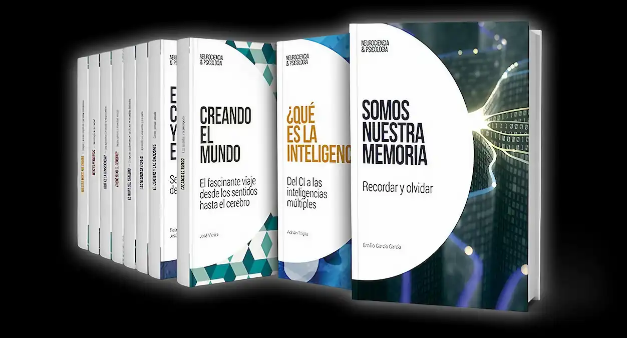 fileira de livros com capas coloridas; títulos: Creando el Mundo, ¿Qué es la Inteligencia? e Somos Nuestra Memoria.