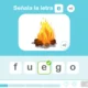 Captura do NeuronUP: Detetive de letras com instrução 'Aponte para a letra e', ícone de som e a palavra 'fogo' com o e em destaque.