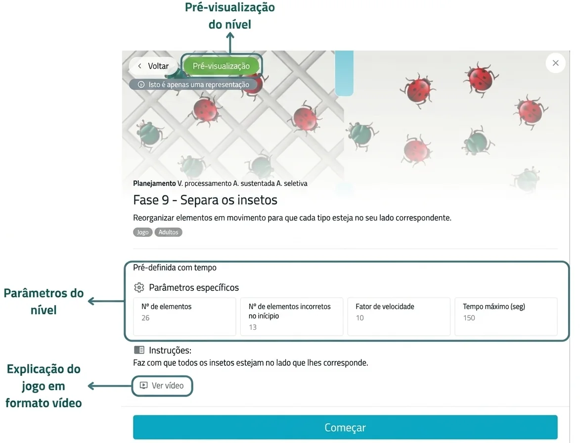 Captura de tela da Configuração do NeuronUP: interface de jogo com Fase 9 - Separe os bichos e ajustes de nível.