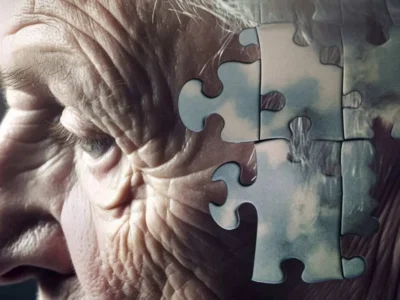 Profissional de neuropsicologia explica intervenções não farmacológicas para demências diante de uma audiência, com recursos educativos.