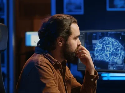Homem barbudo diante de um computador, tela azul com gráfico de cérebro, ambiente moderno e tecnológico.