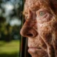 Primeiro plano de rosto de idoso, pele enrugada e manchas de idade, olhos claros com olhar contemplativo, fundo.