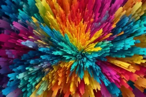 Composição radial vibrante com formas angulares 3D que se projetam, em tons de azul, verde, amarelo, laranja e rosa.