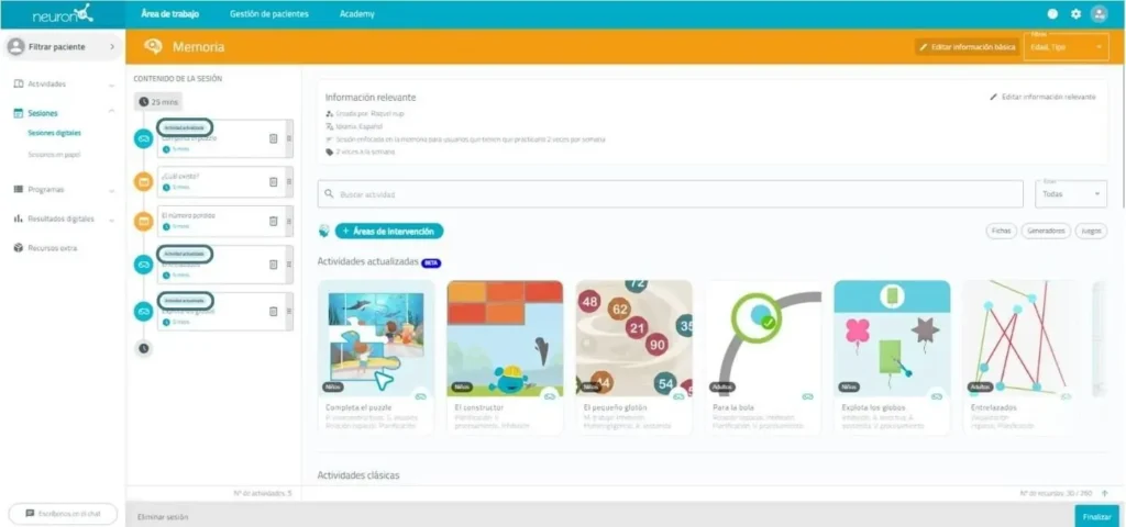 Captura de tela do NeuronUP: interface de configuração com etiquetas, Área de trabalho, Gestão de pacientes e Academy.