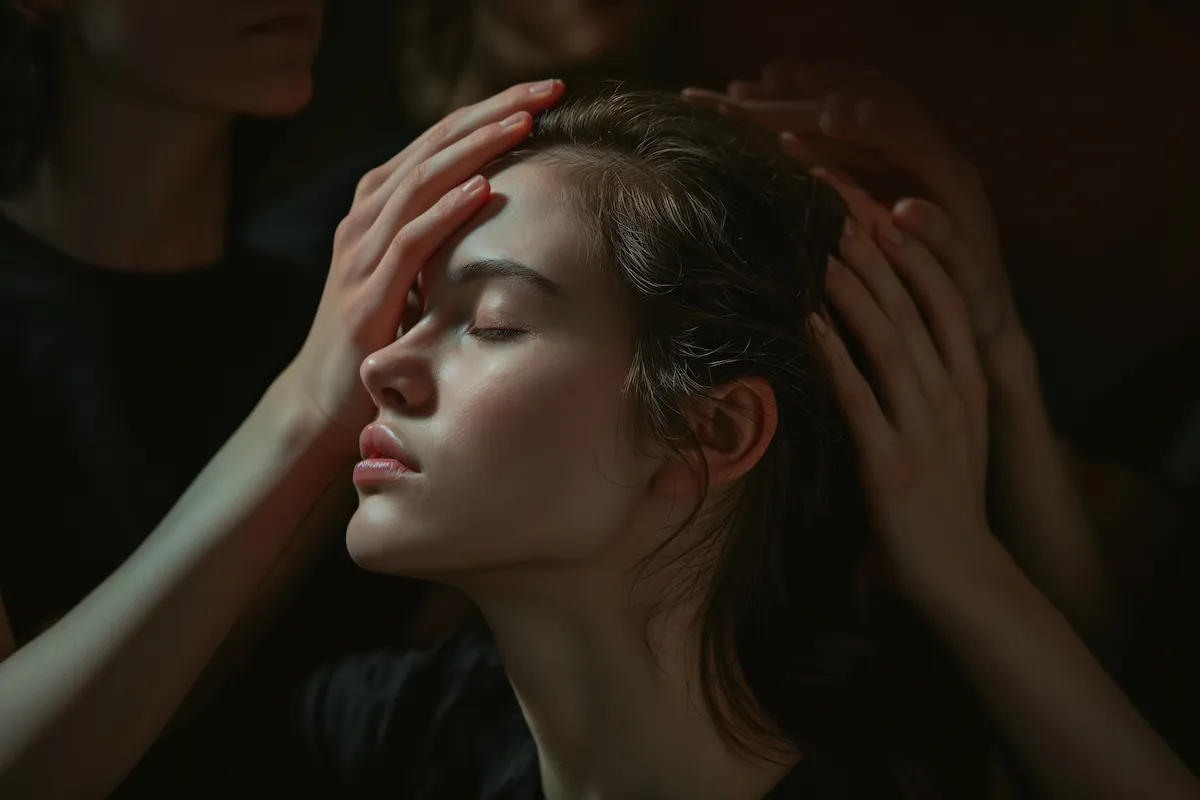 Mulher serena com olhos fechados, cabeça levemente inclinada, cercada por mãos que tocam cabeça e rosto, iluminação suave.