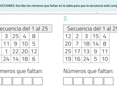 Ficha de atenção sustentada: duas tabelas com sequências de 1 a 25, com números ausentes para completar.