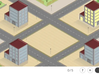 Projeto urbano simplificado no NeuronUP: quatro edifícios nos cantos, cruzamento central vazio, ruas conectadas e áreas verdes.
