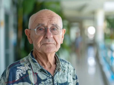 Homem idoso com cabelo grisalho e óculos, camisa de estampa floral, em um corredor interno com plantas e luz natural, olhando para a câmera.