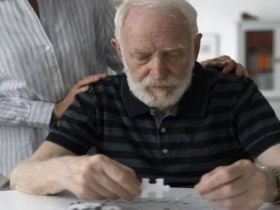 Homem idoso concentrado resolvendo um quebra-cabeça em um espaço interno, com o apoio próximo de outra pessoa.
