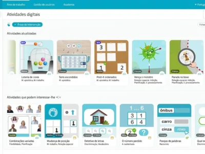 Interface do NeuronUP na tela com Atividades, Gestão de usuários e Academy, e cartões de exercícios para neuroreabilitação cognitiva.