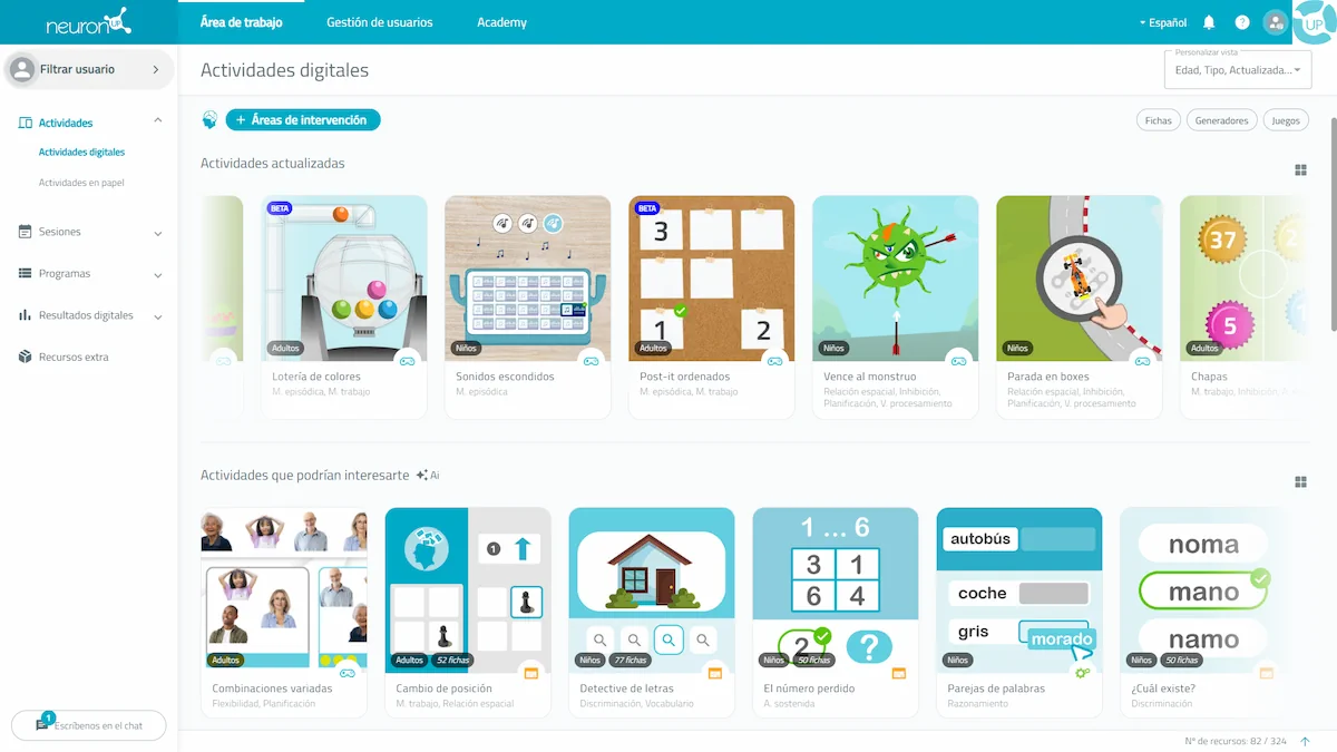 Interface de plataforma digital com a seção Atividades digitais, exibindo cards de jogos, quebra-cabeças e vocabulário.
