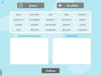 Interface de gerador de memória semântica para crianças: seções 'eletrodomésticos' e 'alimentos', com Geral e Ver solução.