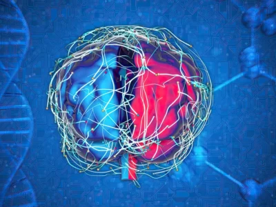 Ilustração artística de um cérebro humano dividido em metades azul e vermelha, com circuitos conectando-se e fundo azul com padrões moleculares.