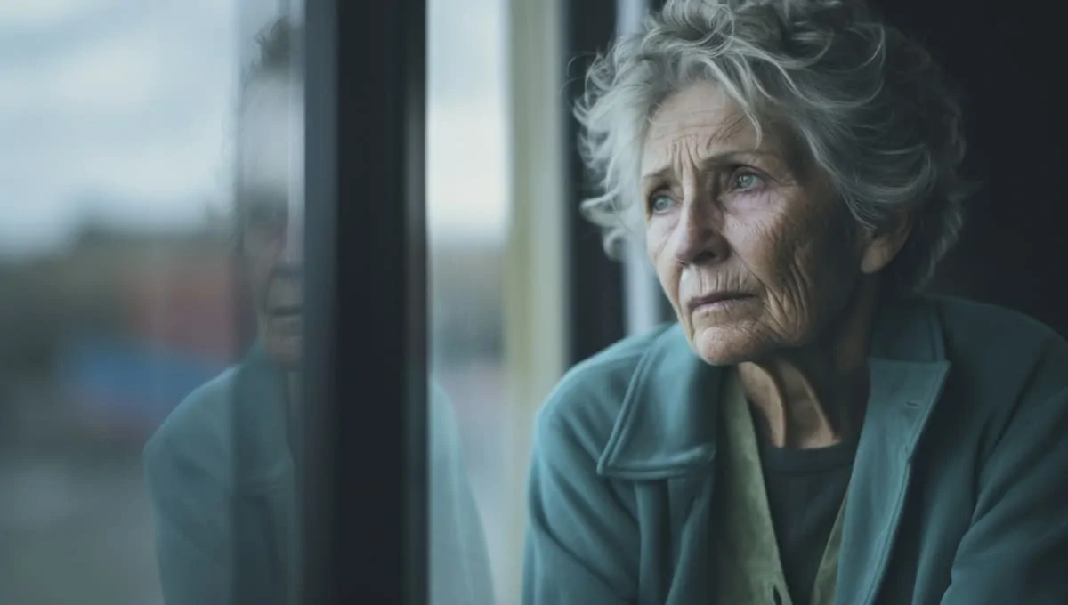 Mulher idosa com cabelo grisalho olha pensativamente pela janela, vestindo casaco claro em ambiente interno.
