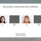 Interface de jogo de memória episódica para crianças: dois retratos, ícones de reprodução e opção de ouvir nomes