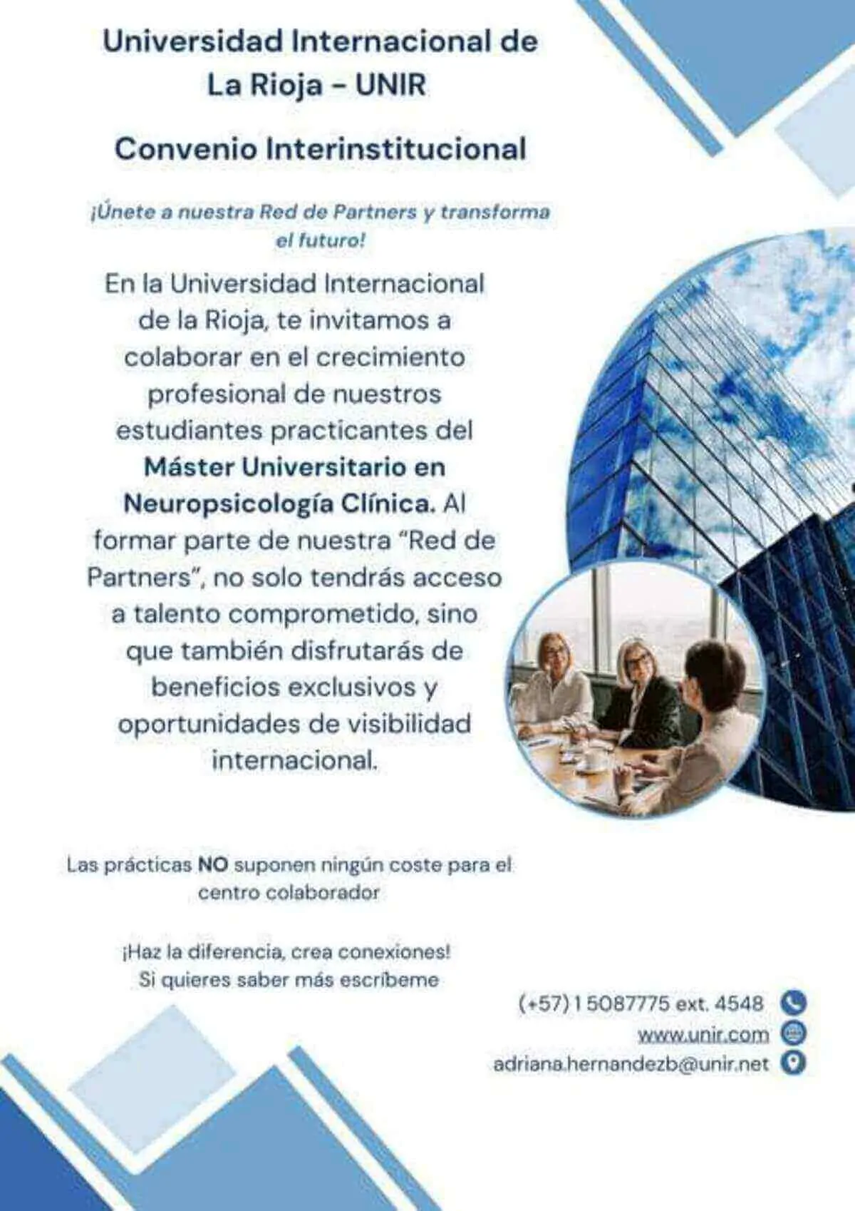 Convite da UNIR Latam para rede de parceiros, promovendo colaboração entre instituições, com edifícios e gráficos.