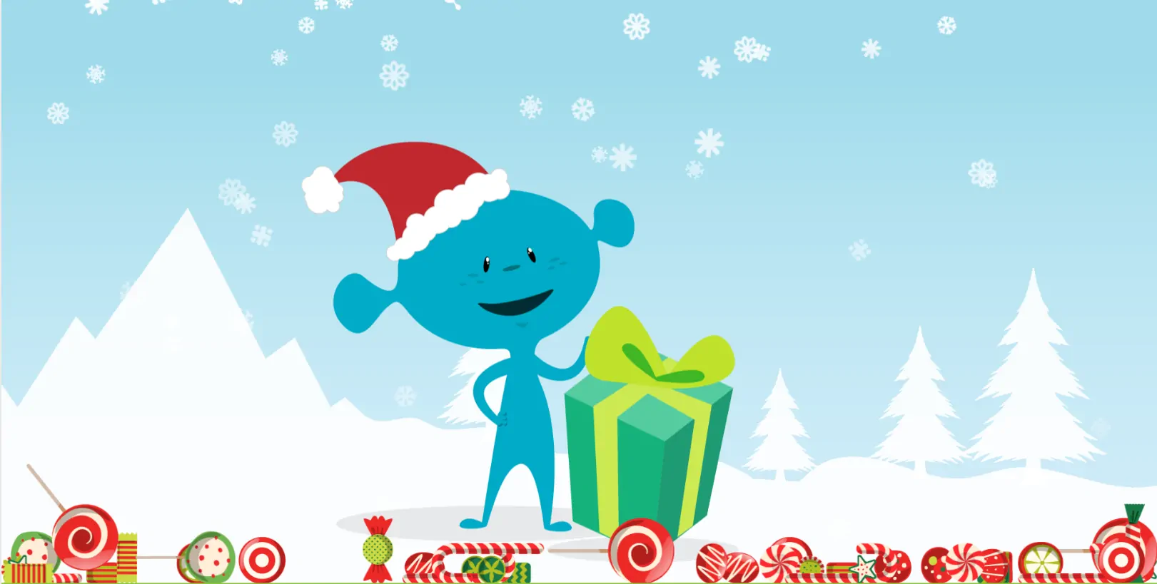 Personagem azul sorridente com chapéu de Natal segura presente verde com laço amarelo, cenário invernal com neve e doces.