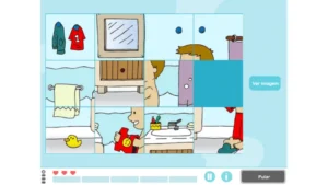 Quebra-cabeça interativo revela uma cena de banheiro ao ser montado, com espelho, armário, toalhas, pessoa sem camisa e itens coloridos.