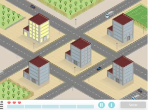 Layout urbano isométrico com prédios de várias alturas, telhados vermelhos e ruas em cruzamento, com botões de jogo na base.