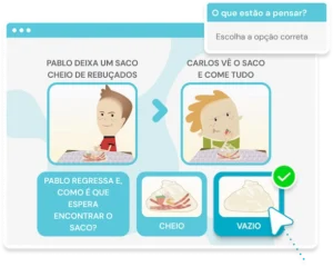 Cena de jogo educativa NeuronUP: Pablo com saco de docinhos à esquerda, Carlos observa; pergunta com opções 'cheio' e 'vazio'.