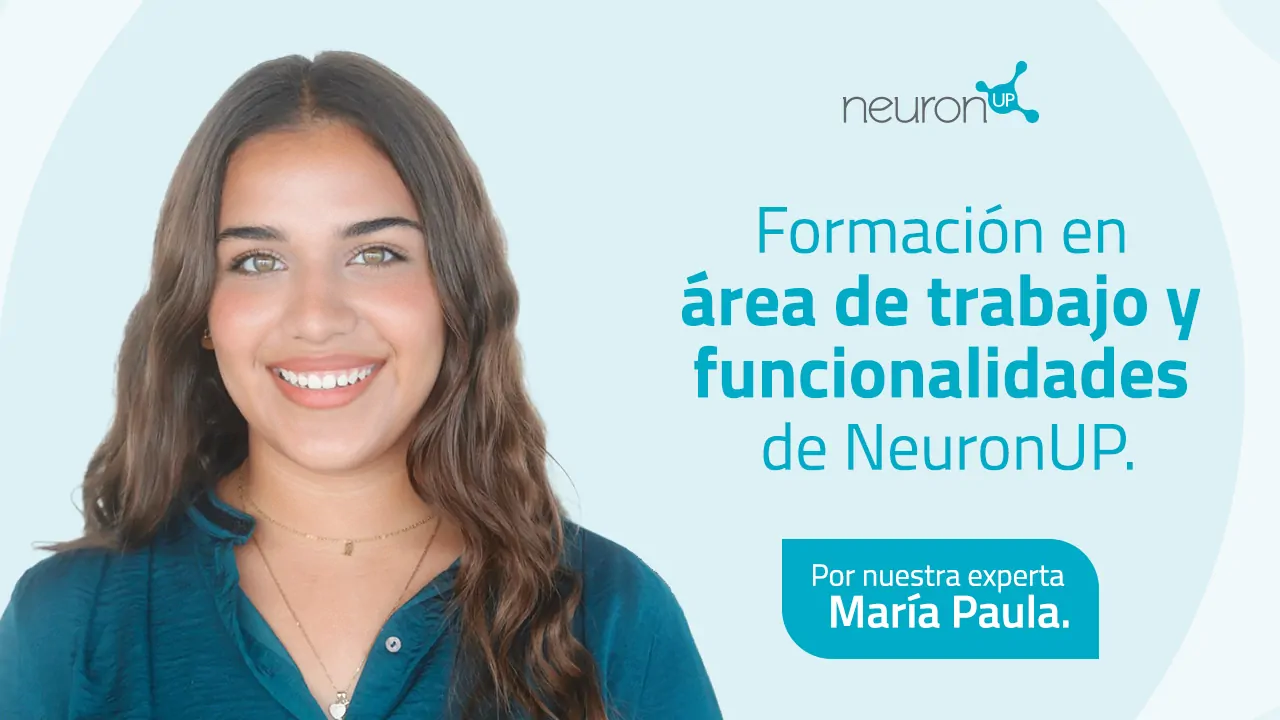 Mulher jovem sorrindo, camisa azul; ao lado, texto sobre formação na área de trabalho com NeuronUP.