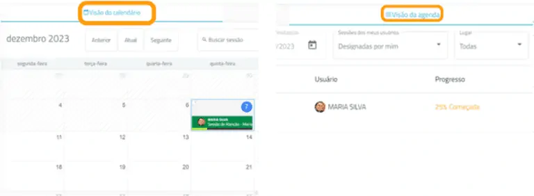 Vista do calendário e vista da agenda das sessões do NeuronUP