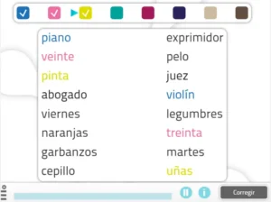 Lista de palavras em espanhol agrupadas por temas, com cores diferentes e botões na base, incluindo piano, veinte e abogado.