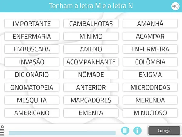 Atividade da NeuronUP “Encontrar palavras que tenham as letras___ e ___"