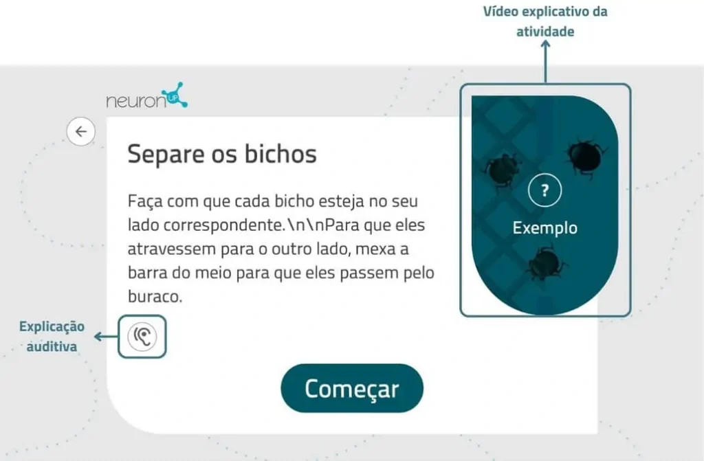 Exemplo das instruções e apresentação antes de uma atividade NeuronUP.