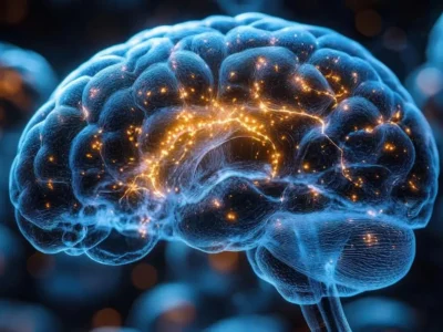Ilustração do cérebro com luzes que destacam o circuito de recompensa e sua relação com a dependência; útil para contextualizar conceitos neurocognitivos no NeuronUP.