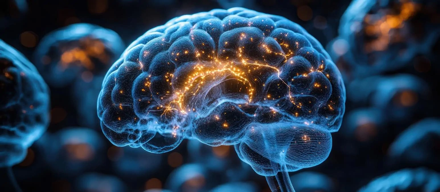 Ilustração do cérebro com luzes que destacam o circuito de recompensa e sua relação com o vício; útil para contextualizar conceitos neurocognitivos no NeuronUP.