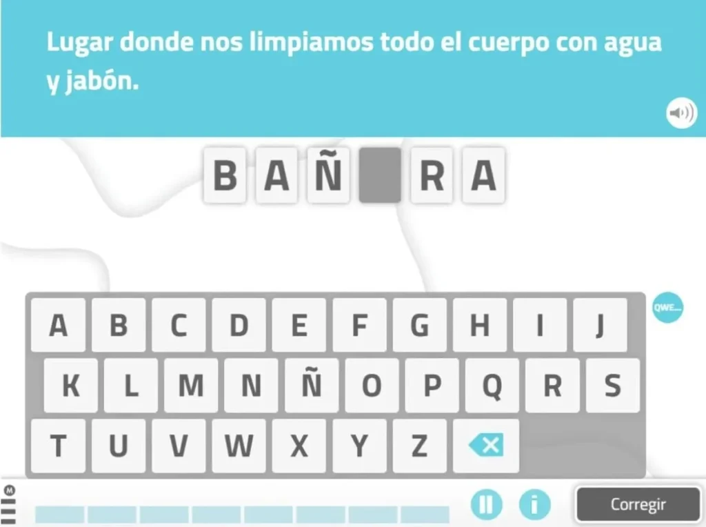 Interface da NeuronUP com jogo de palavras: dica para adivinhar uma palavra a partir de uma definição, com letras.