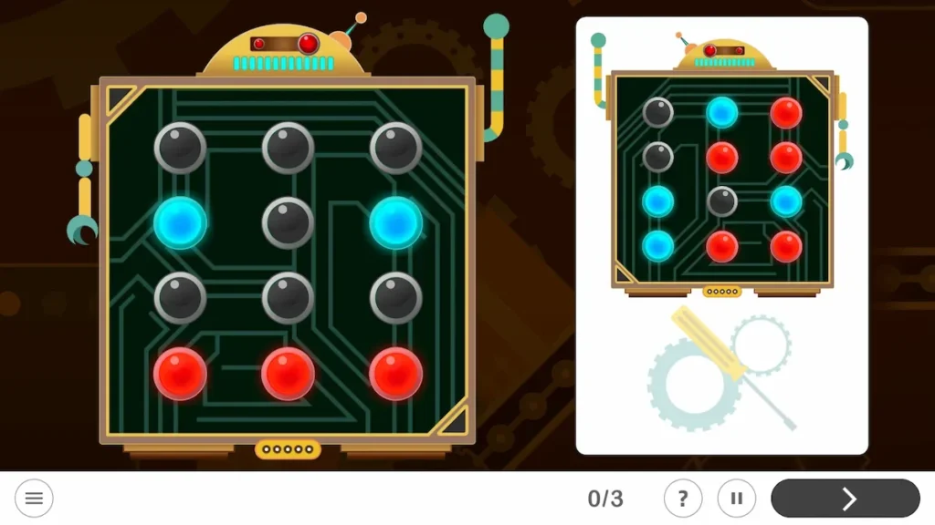 Interface do NeuronUP na fase 5: painel dividido com duas grades de círculos coloridos, chave de fenda e engrenagens.