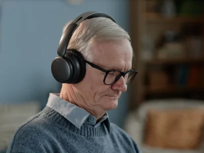 Homem idoso com fones de ouvido, sentado e concentrado, com suéter cinza e camisa azul, ao fundo há estantes e sofá.