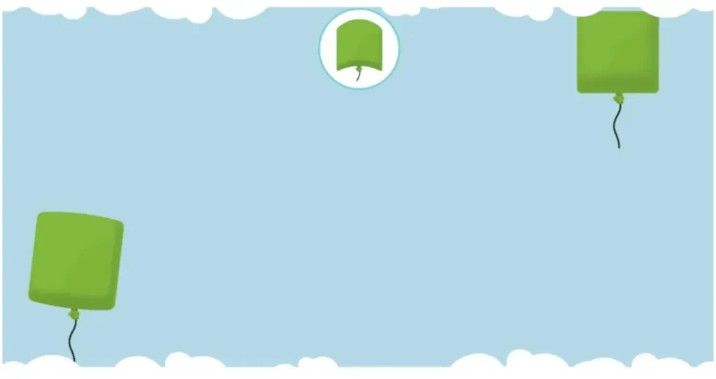 Ilustração infantil com balões verdes flutuando sobre um céu azul claro com nuvens, estilo simples e alegre.