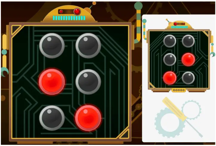 Interface do NeuronUP: painel elétrico com circuitos, quatro esferas pretas e duas vermelhas, chave de fenda e engrenagem robótica.