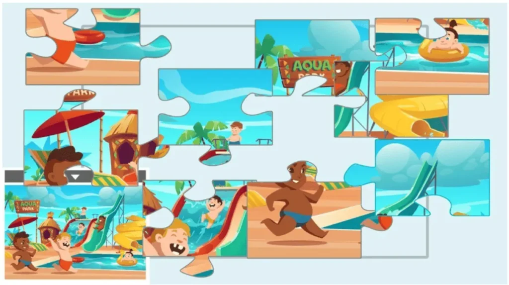 Quebra-cabeça na Fase 3 da NeuronUP com peças visíveis na tela, representando um parque aquático infantil.
