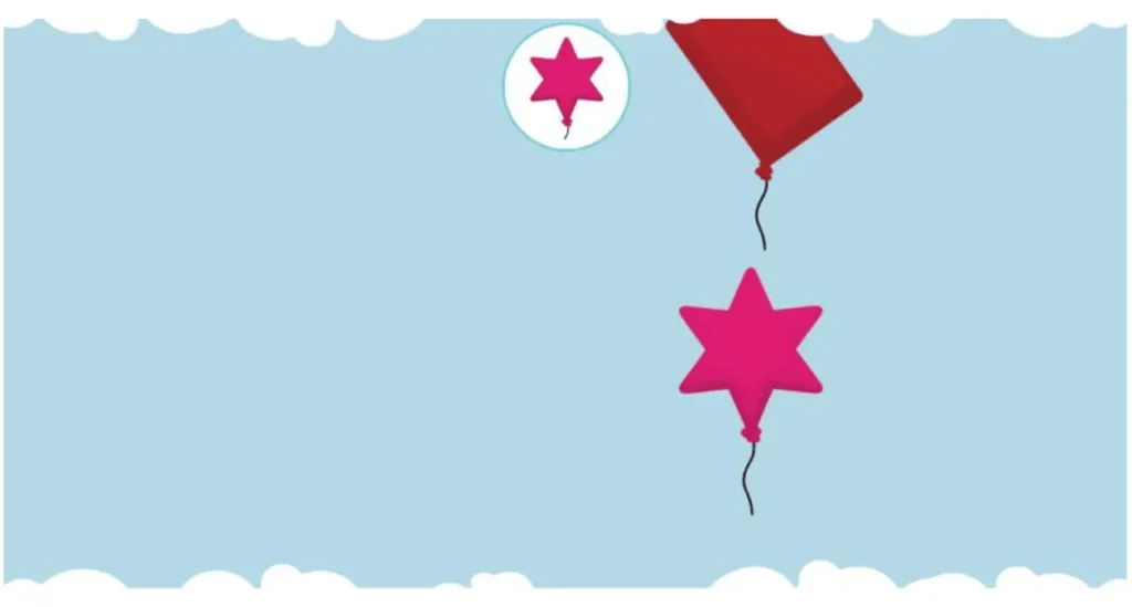 Tela do NeuronUP mostrando a fase 5 com balões vermelhos e rosa em forma de estrela sobre um fundo azul com nuvens.
