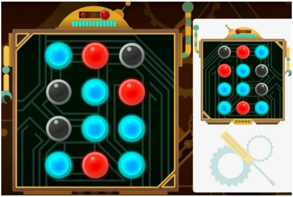 Interface da NeuronUP na fase 5: painel dividido com duas grades de círculos coloridos, chave de fenda e engrenagens.